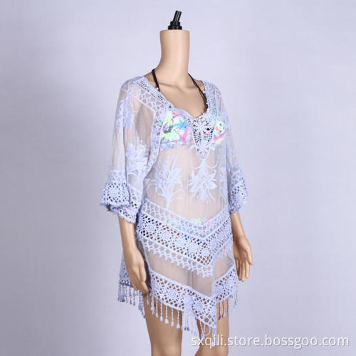 Light Blue Tassels Embroidered Dress Summer Beach Dress